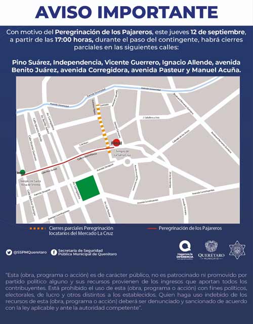 12 y 13 de septiembre habrá cierre vial en Centro Histórico de Querétaro por Fiestas Patrias 2019