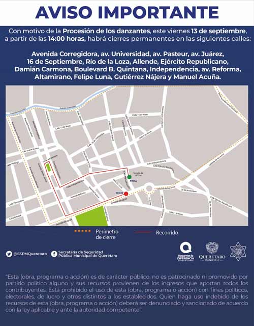 12 y 13 de septiembre habrá cierre vial en Centro Histórico de Querétaro por Fiestas Patrias 2019