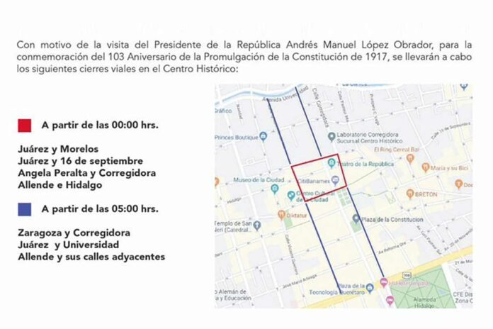 Cierres viales este 5 de Febrero en el Centro Histórico de Querétaro por visita de AMLO