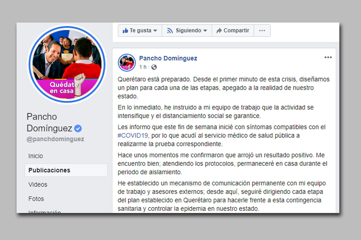 Gobernador de Querétaro, Francisco Domínguez, da positivo a COVID-19