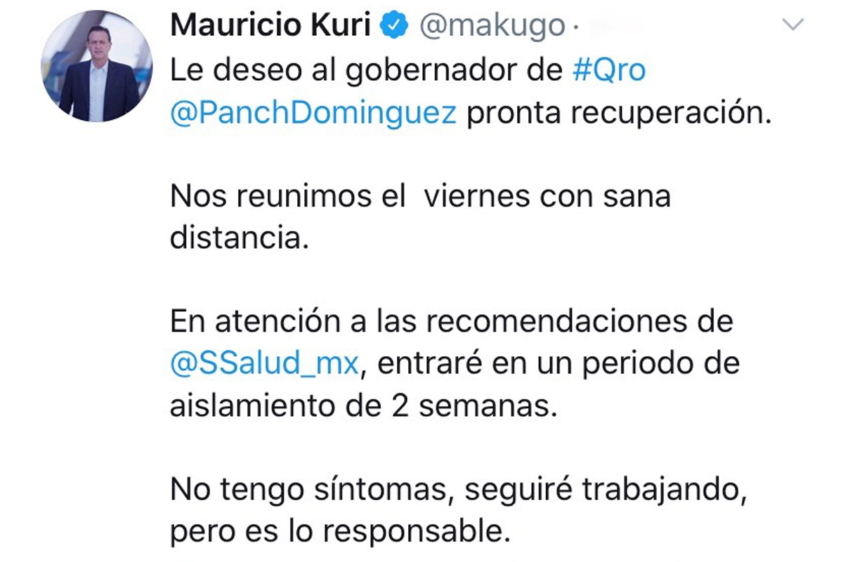 Mauricio Kuri se aislará voluntariamente por haberse reunido recientemente con el gobernador de Querétaro