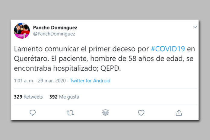 Se registra el primer deceso por Covid-19 en Querétaro; existen 26 casos de contagio acumulados