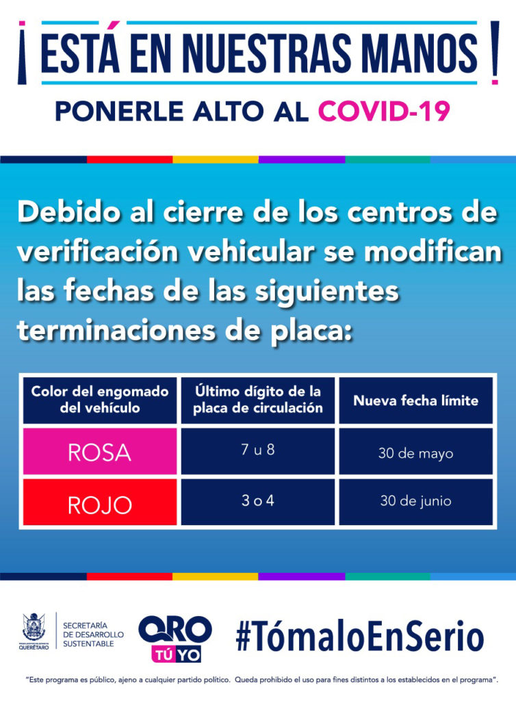 Vehículos con terminaciones placa 7 u 8 y 3 o 4 tendrán una prórroga de dos meses para su verificación en Querétaro