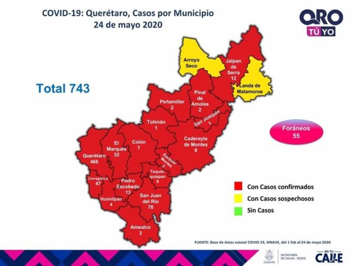 Querétaro con 743 casos de enfermedad COVID-19 y se han registrado 87 defunciones