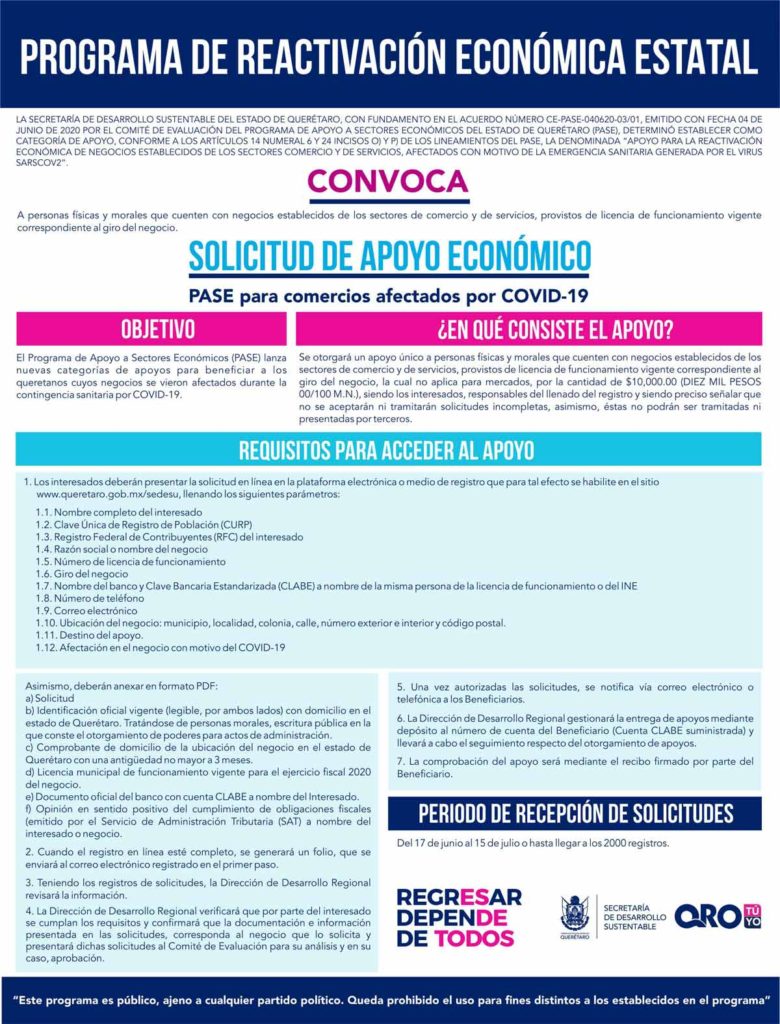 Lanza Querétaro categorías de apoyo del PASE para negocios afectados por COVID-19
