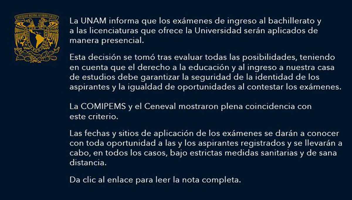 UNAM aplicará exámenes de ingreso al bachillerato universitario y a licenciaturas de manera presencial