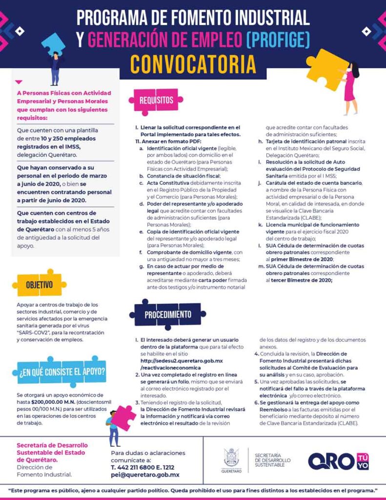 Apoyos por hasta 200 mil pesos para que empresas de Querétaro que recuperen y conserven empleos