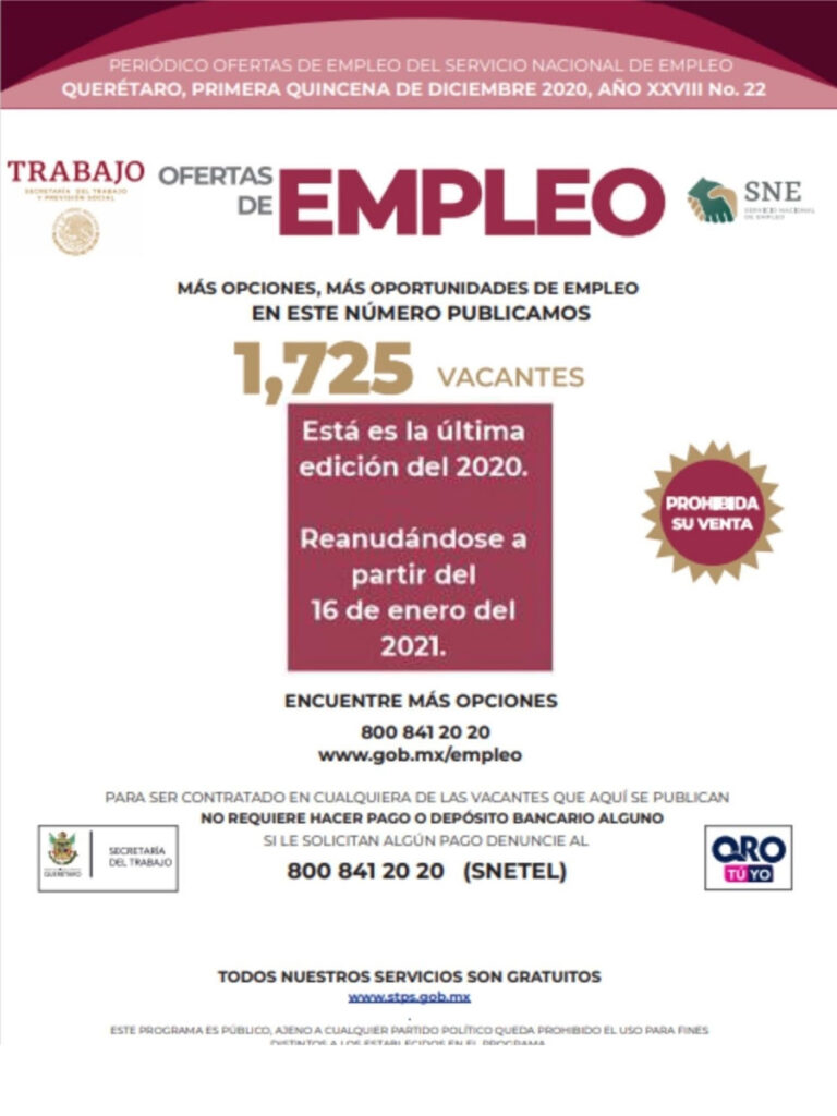 Mil 725 vacantes para cerrar 2020 en la publicación del Periódico de Ofertas de Empleo en Querétaro