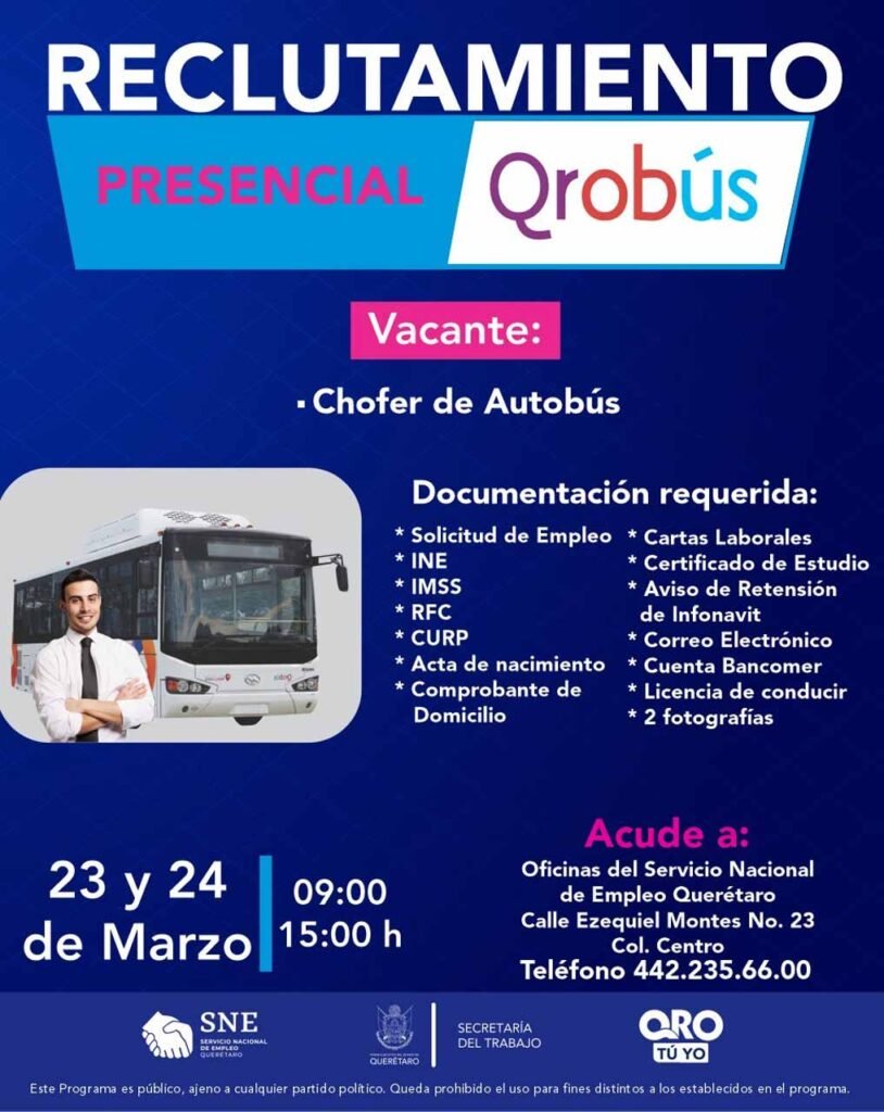 Reclutamiento presencial para operadores de autobus en Qrobus 23 y 24 de marzo