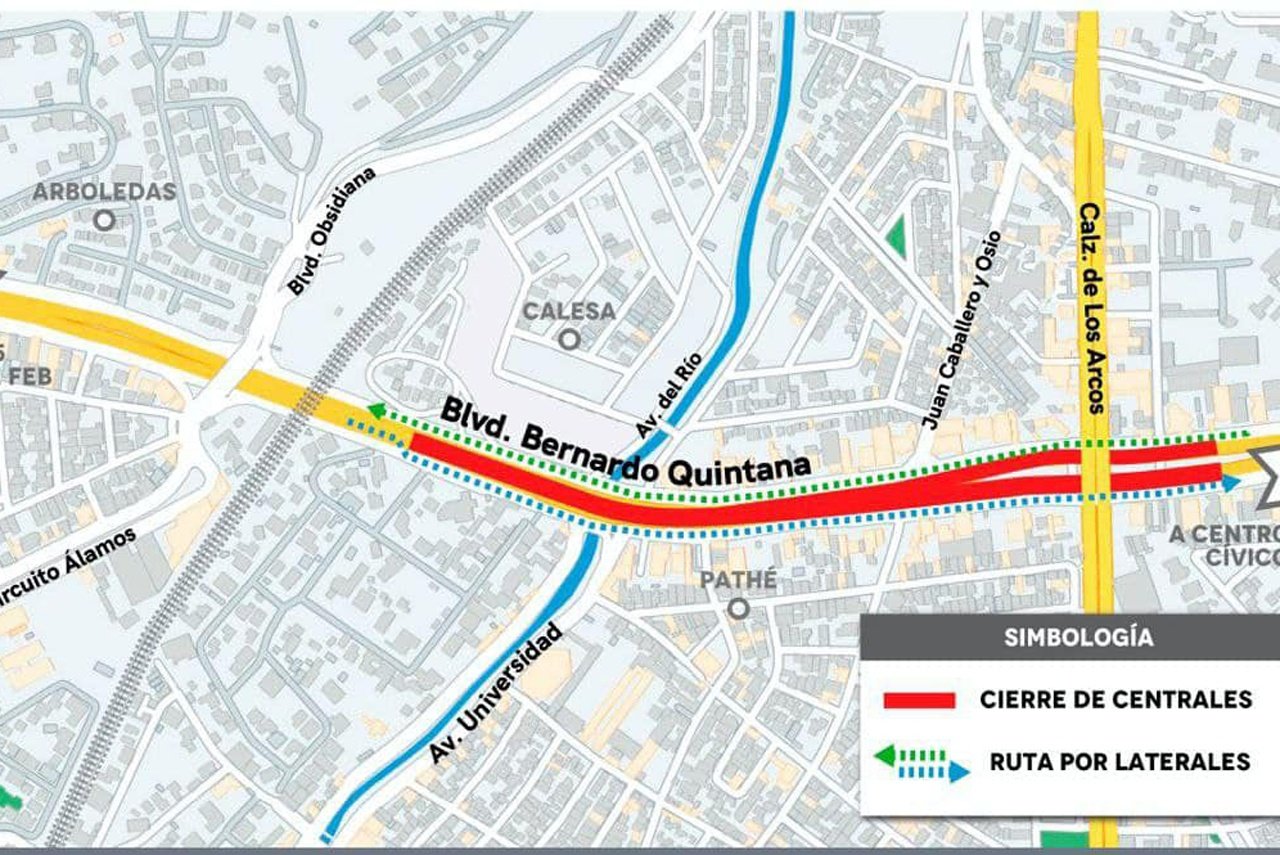 Anuncian cierres nocturnos en Carriles Centrales de Bernardo Quintana por obras