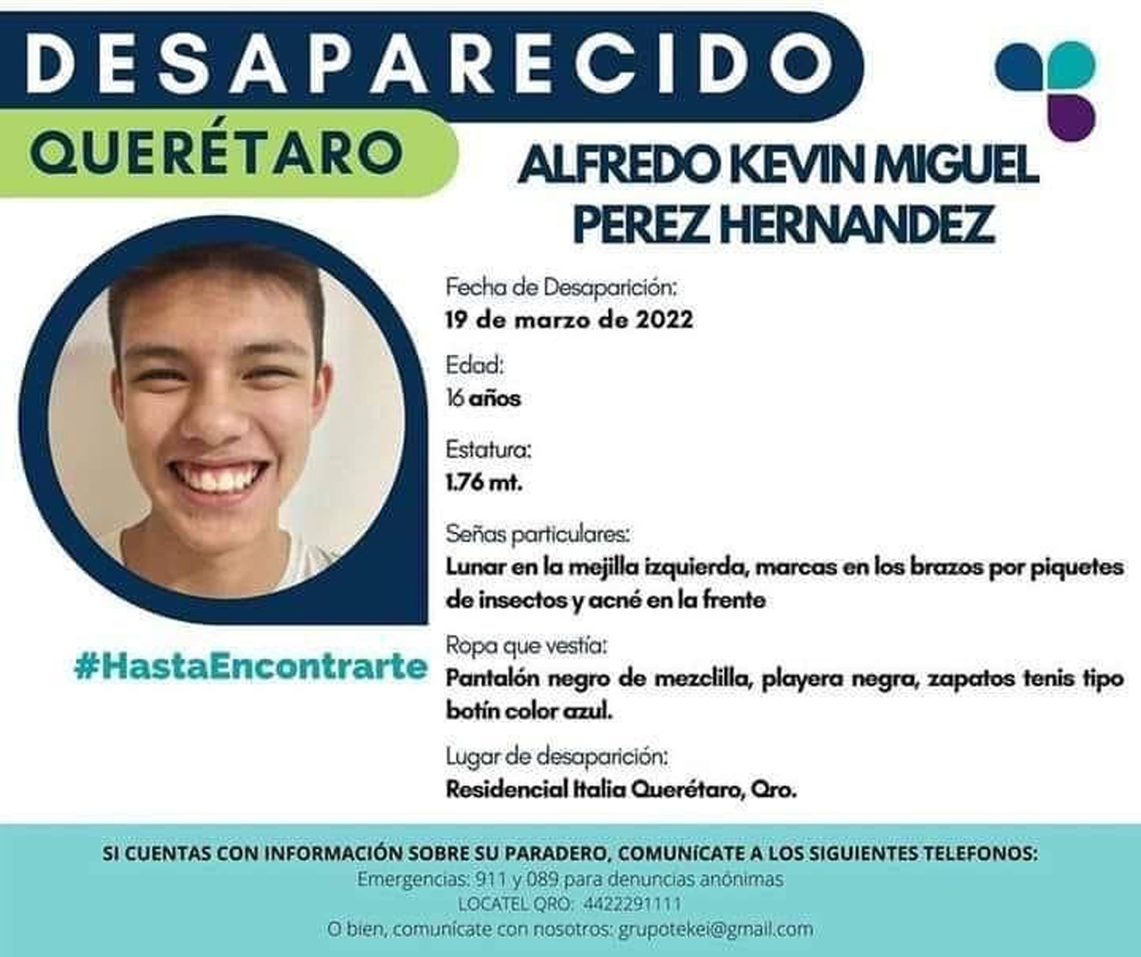 Fiscalía señala se han implementado protocolos de localización de Alfredo Kevin desde el 20 de marzo