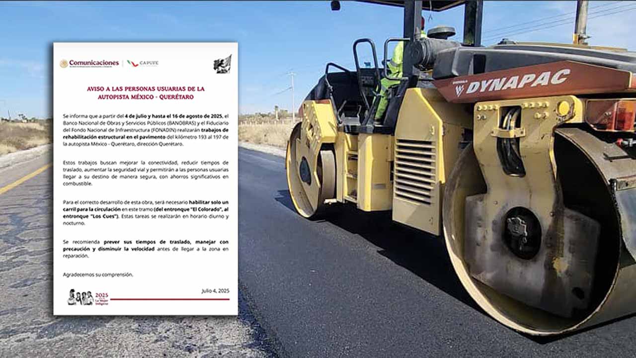Reducción de carril en la México-Querétaro por obras a la altura de El Colorado y Los Cues