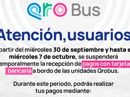 Qrobus suspende pagos con tarjeta bancaria del 30 de septiembre al 7 de octubre Qrobus suspende pagos con tarjeta bancaria del 30 de septiembre al 7 de octubre